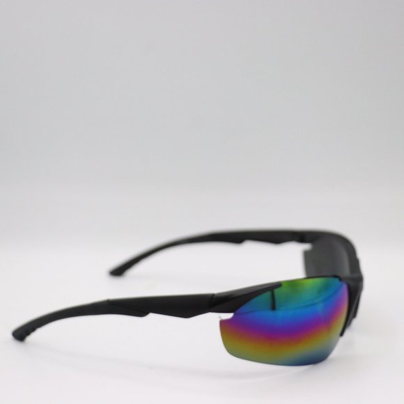 Unisex Wide Wrapstyle Black Sports Sunglasses UV 400 Protection Rainbow Mirrored - Picture 2 of 3